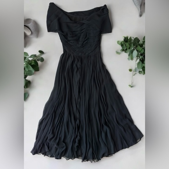 Vintage 1950s Ceil Chapman Hollywood Dress Black Chiffon Pleated Off Shoulder S - Picture 1 of 13